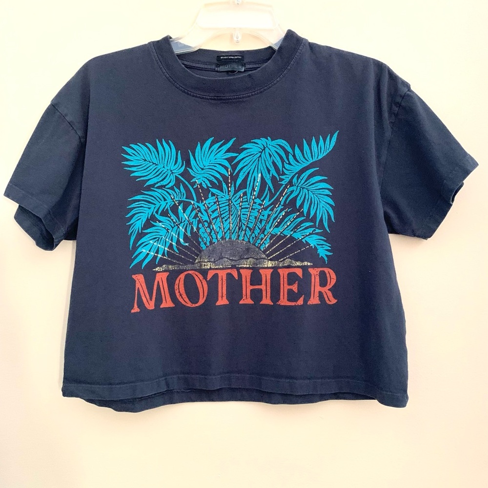 MOTHER Black Tee with Turquoise Palm Graphic and Red Logo